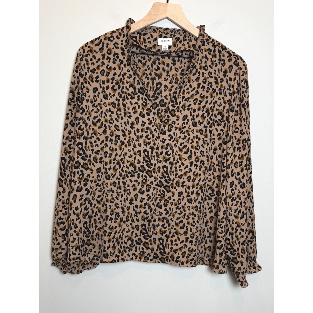 J. Crew Factory XL Blouse Brown Leopard Print Ruffle Neck V-Neck Button‎ Up Chic